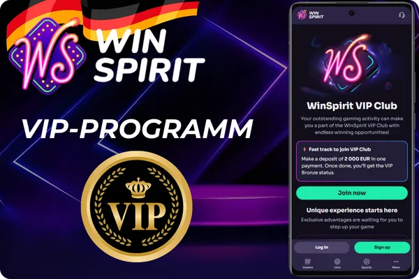WinSpirit VIP Programm mit goldener VIP-Medaille und Smartphone-Bildschirm, der den WinSpirit VIP Club zeigt