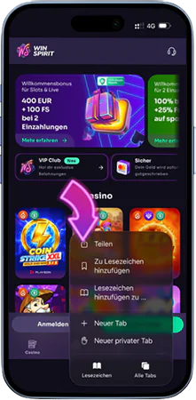 WinSpirit Casino App – auf das Teilen-Symbol in Safari tippen