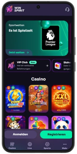 WinSpirit Casino App – Startseite auf dem Smartphone