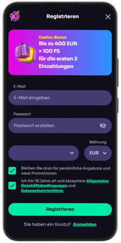 WinSpirit Casino App – Registrierung Schritt 1