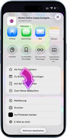 WinSpirit Casino App – Zum Startbildschirm hinzufügen auswählen